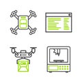 Set line 3D printer, Drone delivery concept, Software, web developer programming code and flying with action camera icon