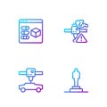 Set line 3D printer model, car, and warning. Gradient color icons. Vector