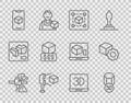 Set line 3D printer warning, Geometric figure Cube, scanner with cube, software, services, and Isometric icon. Vector Royalty Free Stock Photo