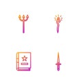 Set line Dagger, Ancient magic book, Neptune Trident and Magic staff. Gradient color icons. Vector