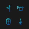 Set line Dagger, Shield, Medieval flag and Trumpet with. Gradient color icons. Vector