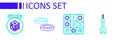 Set line Dart arrow, Bingo card, Checker game chips and Game dice icon. Vector