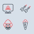 Set line Dart arrow, Clown head, Ice cream in waffle and Circus tent icon. Vector Royalty Free Stock Photo