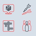 Set line Dart arrow, Crossword, Bowling pin and Game dice icon. Vector