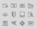 Set line Data analysis, Search data, Folder and lock, Server, Processor CPU and Document with graph chart icon. Vector