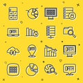 Set line Data analysis, Search with folder, Binary code, Financial growth decrease, Calculator and Server icon. Vector Royalty Free Stock Photo