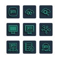 Set line Data analysis, Server security with padlock, Search cloud computing, Binary code, and Mind map infographic icon Royalty Free Stock Photo