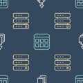 Set line Data export, Server, Data, Web Hosting and Browser files on seamless pattern. Vector Royalty Free Stock Photo