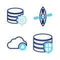 Set line Database protection, Cloud sync refresh, Kayak and paddle and Setting database server icon. Vector Royalty Free Stock Photo