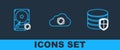 Set line Database protection, Hard disk drive HDD sync refresh and Cloud icon. Vector