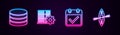 Set line Database, Server setting, Calendar with check mark and Kayak and paddle. Glowing neon icon. Vector