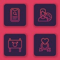 Set line Dating app, Feminist activist, Women from different countries and Gender. Blue square button. Vector