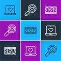 Set line Dating app online, Play Video with heart and Search and love icon. Vector