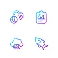 Set line Dead fish, CO2 emissions in cloud, Gas pump nozzle and globe and Global warming. Gradient color icons. Vector
