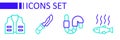 Set line Dead fish, Worm, Knife and Fishing jacket icon. Vector