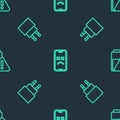 Set line Dead mobile, Charger and Smartphone battery charge on seamless pattern. Vector Royalty Free Stock Photo