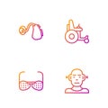 Set line Deaf, Blind glasses, Hearing aid and Electric wheelchair. Gradient color icons. Vector