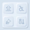 Set line Deaf, Wheelchair, Guide dog and Syringe. White square button. Vector