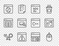 Set line Debugging, Computer mouse, Page with a 404 error, Browser exclamation mark, Python programming language, files Royalty Free Stock Photo
