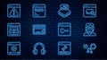 Set line Debugging, Hacker or coder, Processor with microcircuits CPU, Keyboard, MySQL, Browser exclamation mark Royalty Free Stock Photo