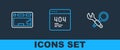 Set line Debugging, Keyboard and Page with 404 error icon. Vector
