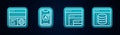 Set line Debugging, Mobile Apps, Software and Server, Data, Web Hosting. Glowing neon icon. Vector