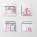 Set line Debugging, Software, Browser with exclamation mark and Keyboard icon. Vector