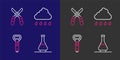 Set line Decanter for wine, Bottle opener, Cloud with rain and Gardening scissors icon. Vector Royalty Free Stock Photo