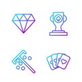 Set line Deck of playing cards, Stick for chips, Diamond and Casino poker trophy cup. Gradient color icons. Vector Royalty Free Stock Photo