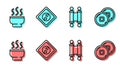 Set line Decree, paper, parchment, scroll, Chinese tea ceremony, Yin Yang and Chinese Yuan currency icon. Vector