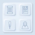 Set line Decree, paper, parchment, scroll, Lawsuit paper, Feather pen and Judge. White square button. Vector