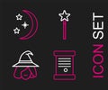 Set line Decree, paper, parchment, scroll, Witch, Magic wand and Moon stars icon. Vector Royalty Free Stock Photo