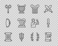 Set line Decree, parchment, scroll, Ancient column, Neptune Trident, Medieval axe, Harp, Laurel wreath and sword icon