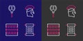 Set line Decree, parchment, scroll, Ancient Greek pattern, helmet and Neptune Trident icon. Vector