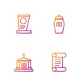 Set line Decree, parchment, scroll, Old crypt, Grave with tombstone and Funeral urn. Gradient color icons. Vector