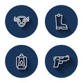 Set line Deer antlers on shield, Waterproof rubber boot, Camping lantern and Pistol or gun with long shadow. Blue circle