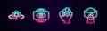 Set line 360 degree view, Big brother electronic eye, Virtual reality glasses and . Glowing neon icon. Vector Royalty Free Stock Photo