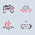 Set line 360 degree view, 3d modeling, Virtual reality glasses and Gamepad icon. Vector Royalty Free Stock Photo