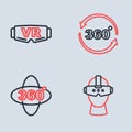 Set line 360 degree view, Virtual reality glasses and icon. Vector