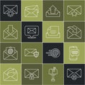 Set line Delete envelope, Chat messages notification on phone, Envelope, Upload inbox, Speech bubble with, setting and Royalty Free Stock Photo