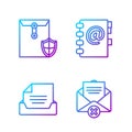 Set line Delete envelope, Drawer with document, Envelope with shield and Address book. Gradient color icons. Vector