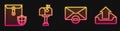 Set line Delete envelope, Envelope with shield, Mail box and Upload inbox. Glowing neon icon. Vector