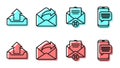 Set line Delete envelope, Upload inbox, Outgoing mail and Chat messages notification on phone icon. Vector