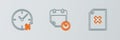 Set line Delete file document, Clock 24 hours and Calendar and clock icon. Vector