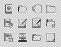 Set line Delete file document, File, Coffee cup flat, Computer with keyboard and x mark, User manual, Blank notebook pen