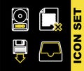Set line Delete file document, Social media inbox, Floppy disk backup and Hard drive HDD icon. Vector Royalty Free Stock Photo