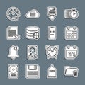 Set line Delete folder, Calendar, Floppy disk backup, Database protection, file document, Clock 24 hours and Dead mobile Royalty Free Stock Photo