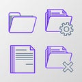 Set line Delete folder, File document, Folder settings with gears and Document icon. Vector