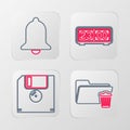 Set line Delete folder, Floppy disk, Retro flip clock and Ringing bell icon. Vector Royalty Free Stock Photo