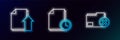 Set line Delete folder, Upload file document and Document with clock icon. Glowing neon. Vector